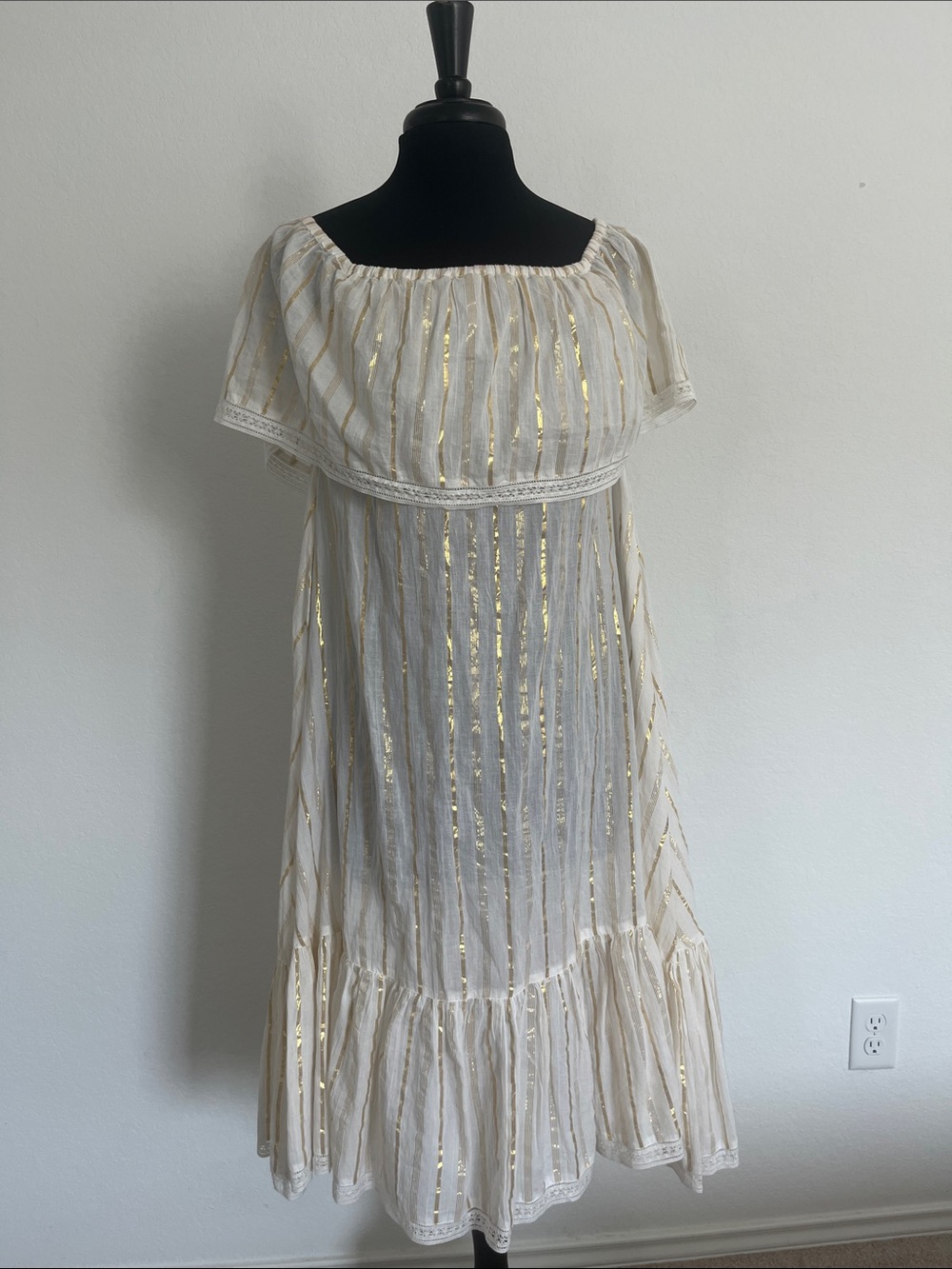 MIGUELINA Off-Shoulder Cream Dress with Gold Stripe Detail